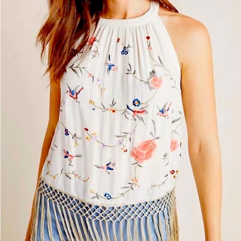 Anthropologie Gatsby Fringe Embroidered Tank Top Size 8